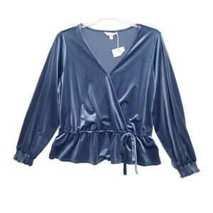 NWOT Lauren Conrad Velvet Wrap Style Top Sz XXL Blue Velour Long Sleeves Peplum